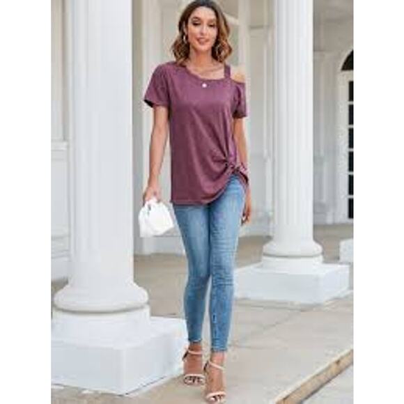 NEW WOMEN'S WINE RED ONE COLD SHOULDER TWIST KNOT TUNIC SHIRT SIZE 2XL - Picture 1 of 8